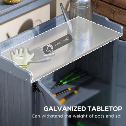 Outsunny Potting Bench, Outdoor Wooden Potting Table w/ 2 Shelves, Gray