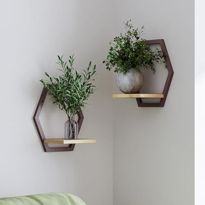 2 Pack Hexagon Wall Plant Stands, 9 Inch Wood Shelf Coffee - color: 2 pack coffee