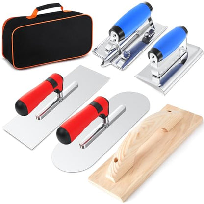MorningRo 6pcs Concrete Hand Tools Set Masonry Tools Includes Stainless Steel Concrete Hand Edger, Groover, Wood Float, Finishing Trowel, Pool Trowel and Tool Bag for Cement Beginner Kit