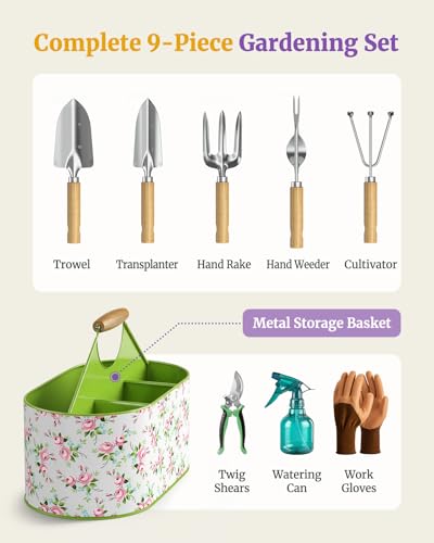 9Pcs Garden Tool Set with Stainless Steel Tools&Metal Basket, Pink - color: Pink