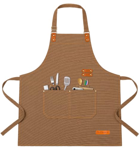 Teskyer Canvas Kitchen Apron with 4 Pockets, Brown