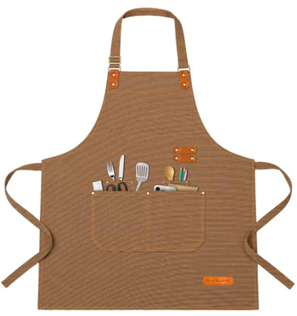Teskyer Canvas Kitchen Apron with 4 Pockets, Brown