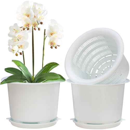 8 Inch Orchid Pots with Holes and Saucers,Double Layer Plastic Large Orchid Planter Pot,Flower Pots for Indoor Outdoor Flower Plants,Orchids,Herbs,Snake Plants and Succulents, White - color: White