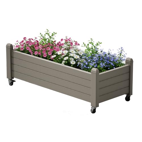 Raised Garden Bed with Wheels Outdoor, Resin Planter Box with Drain Hole and Water Level Detector for Backyard, Patio, Balcony, Gray(13.3" H) - color: Gray, size: 13.3"h