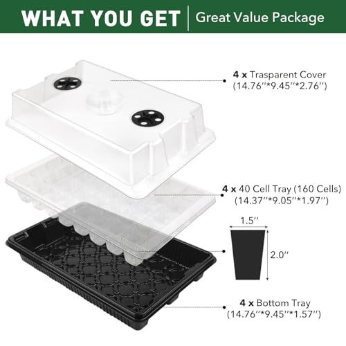 YAUNGEL XL Seed Starter Tray, 160 Cells, 4-Pack with Humidity Domes, Black - color: Black