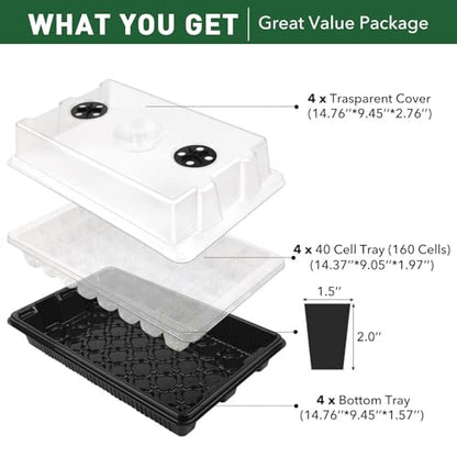 YAUNGEL XL Seed Starter Tray, 160 Cells, 4-Pack with Humidity Domes, Black - color: Black