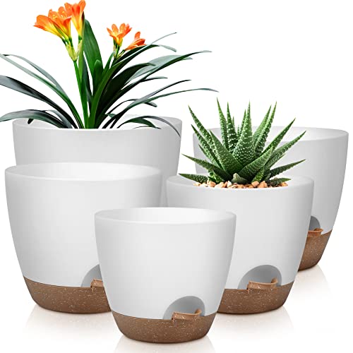 QRRICA Plant Pots 10/9/8/7.5/7 Inch Self Watering Pots, Set of 5 Plastic Planters with Drainage Holes and Saucers,Plastic Flower Pots,Nursery Planting Pot for Indoor Out Door Plants（White） - color: White, size: 10/9/8/7.5/7 inch