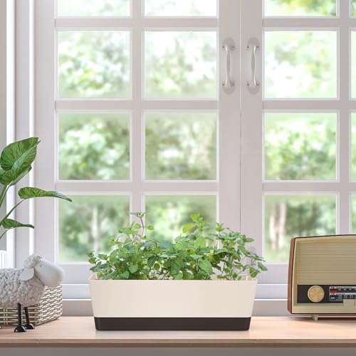 Skelang 2 Pcs Rectangular Plant Pot, 16.7" Flower Planter Box with Drainage Hole, Windowsill Container with Tray for Succulents, Herbs, Cacti - color: Coffee