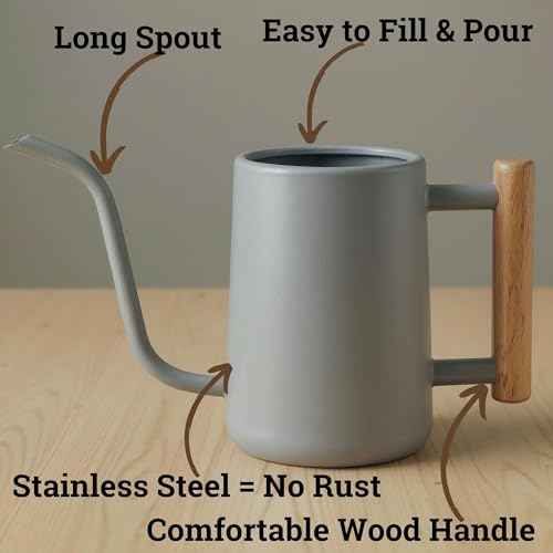 Metal Small Indoor Watering Can with Long Spout & Real Wood Handle, 35oz - color: Gray