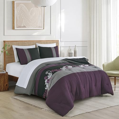 Chezmoi Collection Alana 7-Piece Bed in a Bag Comforter Set with Sheets - Embroidered Floral Luxury Leaves Purple/Black/Gray Lightweight All Season Bedding, California King Size - color: Purple/Black/Gray, size: California King