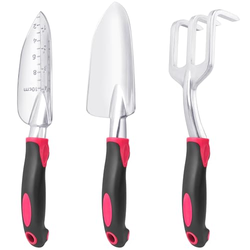 Garden Tools Set, 3 Pack Heavy Duty Gardening Tools Set Include Garden Shovel, Transplant Trowel and Hand Rake with Ergonomic Handle, Aluminum Alloy Lawn for Planting Tools, Red - color: Red