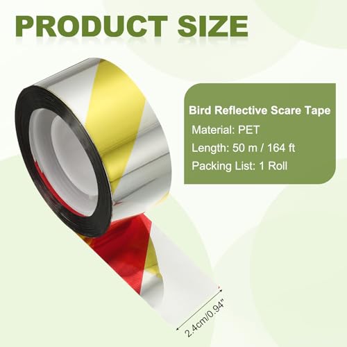 MECCANIXITY 164ft Long 1" Wide Yellow/Silver Dual Side Reflective Holographic Flash Bird Scare Tape Ribbon to Keep Birds Away, Hang Tie on Garden Farm Orchards Balcony Patio Yard Fence - color: Yellow Silver, size: 164ft x 0.94in