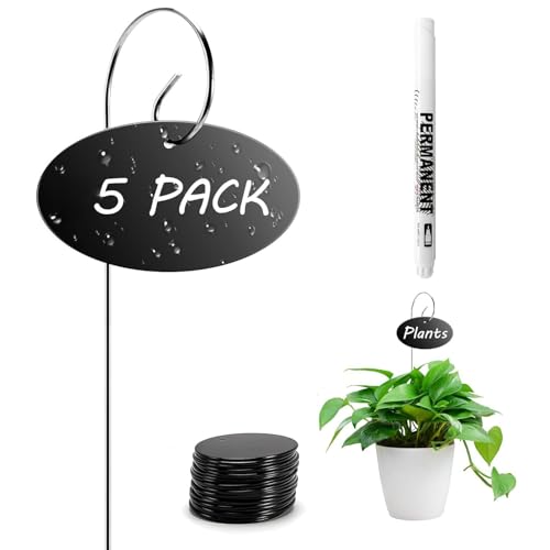 5Pcs Acrylic with Metal Stakes and White Pen- Waterproof Black Oval Garden Markers, Reusable Tags for Outdoor Potted Flowers Vegetables, Weatherproof Planting Accessories