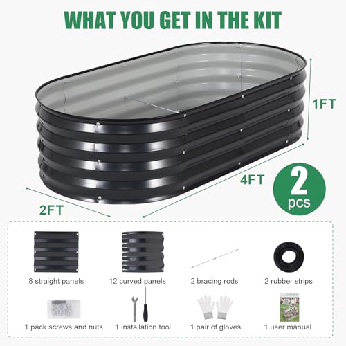 2Pcs Galvanized Raised Garden Bed Kit Outdoor 4x2x1ft, Grey - color: Gray