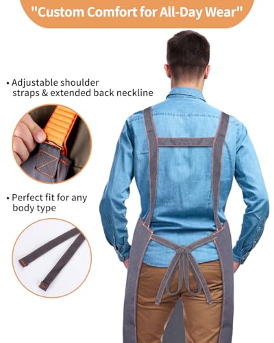 Adjustable Work Apron with Secure Multi Phone Pocket - Design for Cooking, BBQ, Gardening, Carpentry, Bartending, Serving