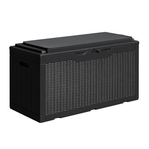 Greesum 100 Gallon Resin Deck Box, Outdoor Storage with Cushion, Black - color: Black, size: 100 Gallon with Cushion