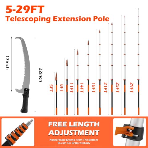 35FT Manual Pole Saw for Tree Trimming, 5-29FT Telescoping Extension Pole with Flip-Lock & Screw Dual Locking, 19" 3X Detachable Pruning Saw Head, Yard Maintenance Pruner for Garden Palms Shrubs - size: 5-29FT