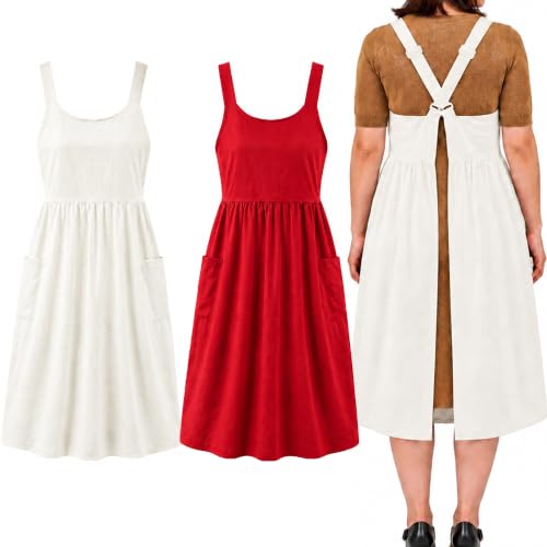 Cotton Linen Apron Cross Back Apron for Women with Pockets Pinafore Dress - color: 2 Pack-red+white