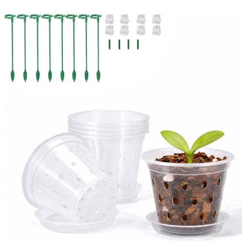 Orchid Pot -6 Pack 3 Inch Orchid Pots with Holes and Saucers, Clear Plastic Plant Pots with 8 Support Stakes and Clips, Orchid Repotting Kit for Indoor Plants - size: 3"×6