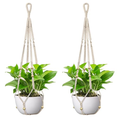 USLAI Macrame Plant Hanger, for Up to 15 Inch Pots, 35 Inch, Ivory, 2 Pack - color: Ivory, size: 35+35 Inch