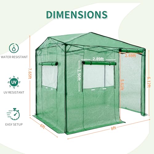 EAGLE PEAK 6x8 Easy Setup Pop Up Greenhouse, Side Door Design, Clear/Green - color: Clear/Green, size: 6x8