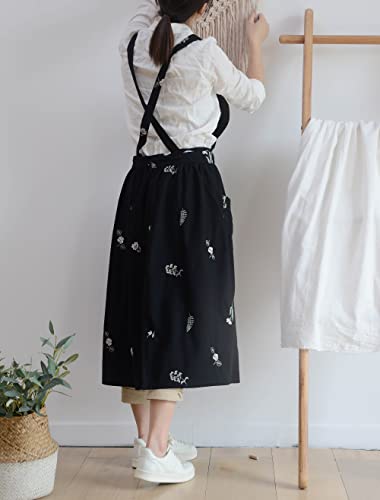 Cotton Pleated Apron Retro Waterdrop Proof Garden Cleaning Pinafore Dress - color: Floral Black