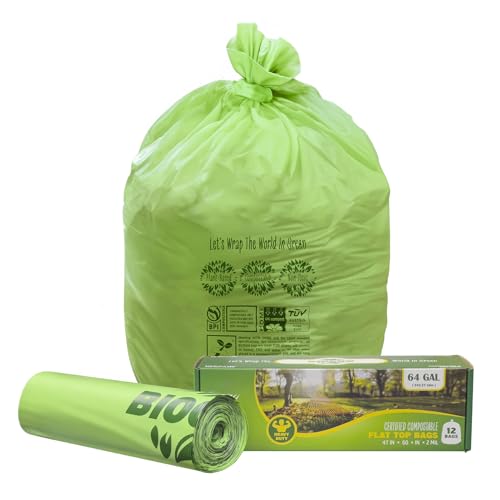 60-64 Gallon Compost bags BPI Certified Compostable Bags Heavy Duty Extra Thick 2 Mil, 242.27 Liter, 12 Bags, Leaf Bag, Lawn, Yard, and Restaurant Use, ASTM D6400, OK Compost Home Certified - style: 64 GAL (Flat-Top Bags, 12 Counts)