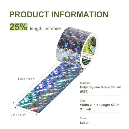 OFFO Bird Scare Tape, 430 Feet x 2 in Dual-Sided Bird Reflective Tape for Outside, Keep Birds Away from Trees, Garden, Farms, Orchard or Courtyard - size: 430 ft × 2 in