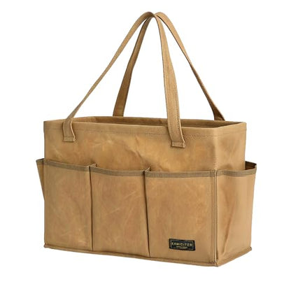 Durable 16OZ Waxed Canvas Tool Bag with Metal Frame, 15.5 Inch Large Collapsible Storage Tool Tote(Khaki | 15.5 X 7.5 X 10.5in) - color: Khaki, size: 15.5 Inch
