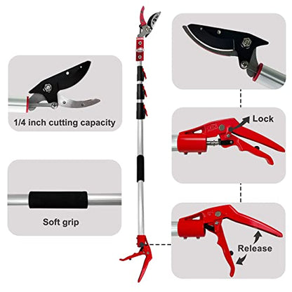 5.4-14.8 FT Tree Pruner Extendable 4 Sections, Telescopic Cut and Hold Trimmers Pole Saws Trimming Long Reach Pruning Shears Branch Cutter Clipper Bypass Lopper Fruit Picker