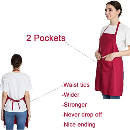 Total 6PCS Deep Red Bib Apron for Women Adult Unisex Durable Comfortable with 2 Front Pockets Washable Chef Aprons for Cooking Baking Kitchen Restaurant Crafting Painting. - color: Wine