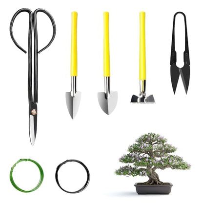 Bonsai Tools Set 7Pcs, MOSFiATA Bonsai Tree Tools Kit Succulent Trimming Tools Include Scissors, Cutters, Rake, Round and Pointed Shovel &Training Wire for Bonsai Beginner Gardening Gifts - size: Bonsai Tools 7Pcs