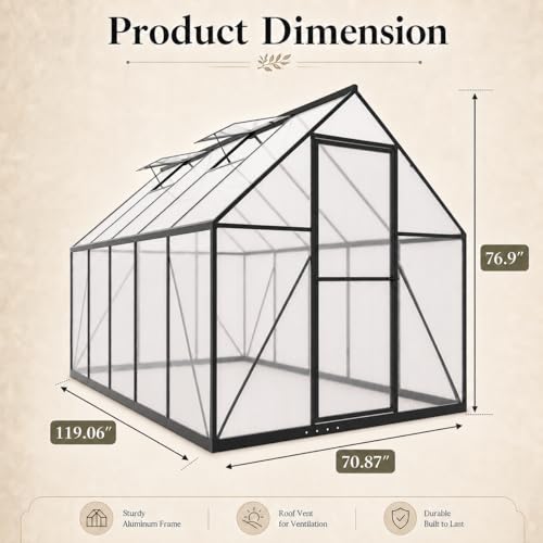 HOOYEAH Greenhouse Kits for Outdoors, 6x10 FT Walk-in Plant Green House with Locking Door & Roof Vent, Heavy Duty Aluminum Frame Winter Greenhouse for Backyard Gardening - size: 6 x 10 FT