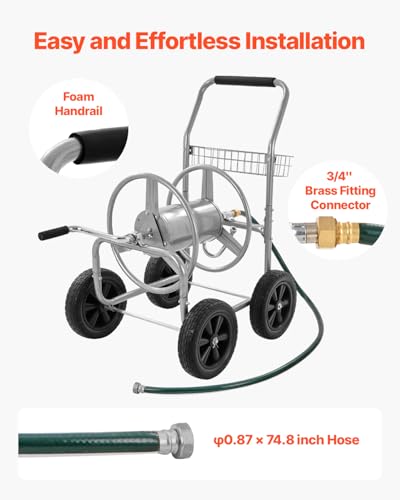 VEVOR Hose Reel Cart, Hold Up to 250 ft of 5/8’’ Hose, Garden Water Hose Carts Mobile Tools with 4 Wheels, Heavy Duty Powder-Coated Steel Outdoor Planting with Storage Basket, for Garden, Yard, Lawn - size: 250 ft