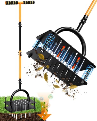Lawn Aerator - 2-in-1 Manual Aerator with Automatic Dirt and Leaf Clean, Heavy-Duty Reinforced 15 Spikes & Ergonomic T-Handle for Lawn Maintenance, Garden Care, Yard Work