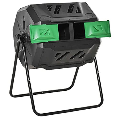 Tumbling Compost Bin Outdoor 360° Dual Chamber Rotating Composter 43 Gallon, Green