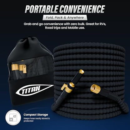 TITAN 100 ft Garden Hose – Lightweight Flexible Water Hose, Kink-Free Non-Expanding, High Flow, Solid Brass Fittings, Leak-Proof with Nozzle