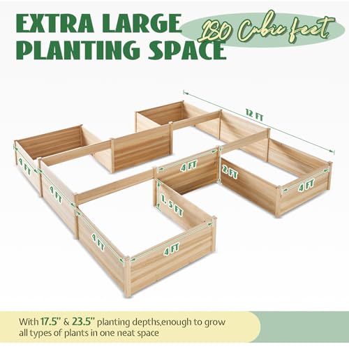 SPECRAFT H-Shaped Raised Garden Bed, 12x12x2 Ft Wooden Planter Box - size: 12 x 12 x 2 FT