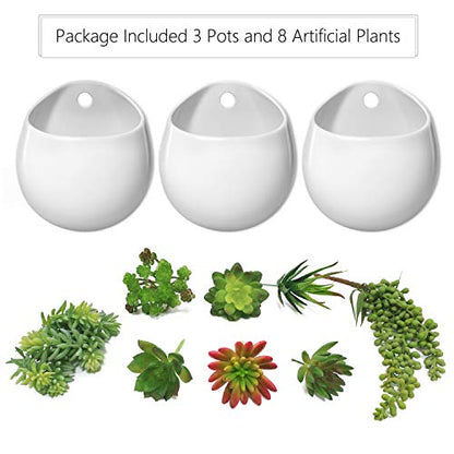 Mkono Wall Planter Ceramic Hanging Pot with Artificial Fake Plants, 3 Pack