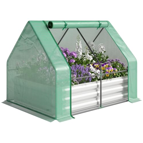 Outsunny 4 x 3ft Metal Planter Box with Mini Greenhouse, Green/Gray - color: Green and Gray