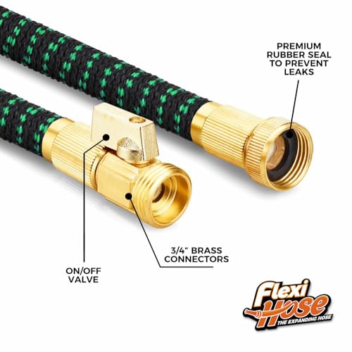 Flexi Hose with 8 Function Nozzle, 50FT - Lightweight Expandable Garden Hose, No-Kink Flexibility, 3/4 Inch Solid Brass Fittings and Double Latex Core - Black and Green - size: 50ft