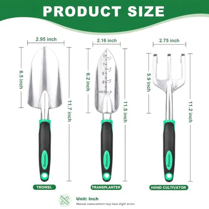 Bloomix Set of 3 Stainless Steel Gardening Tool Set – Hand Cultivator, Transplanter & Trowel with Soft-Grip Ergonomic Handles – Durable Garden Kit for Digging, Planting and Soil Care Green & Silver - color: Green & Silver