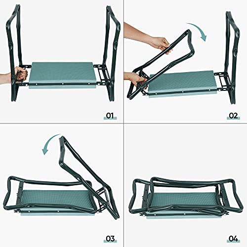 Folding Garden Kneeler Seat Garden Bench Stool with Handles, Multi-use Pouch, Heavy Duty Yard Gardening Chair with Soft Kneeling Pad,Green