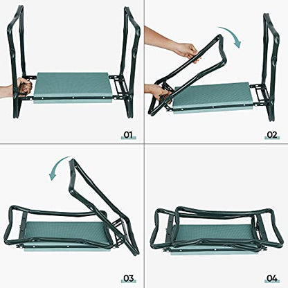 Folding Garden Kneeler Seat Garden Bench Stool with Handles, Multi-use Pouch, Heavy Duty Yard Gardening Chair with Soft Kneeling Pad,Green