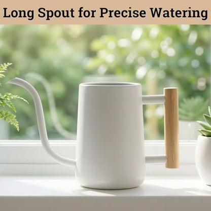 Metal Small Indoor Watering Can with Long Spout & Real Wood Handle, 35oz - color: White