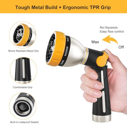 FANHAO Thumb Control Garden Hose Nozzle Heavy Duty Metal, 8 Spray Patterns - color: Black & Yellow, size: Multi-Pattern