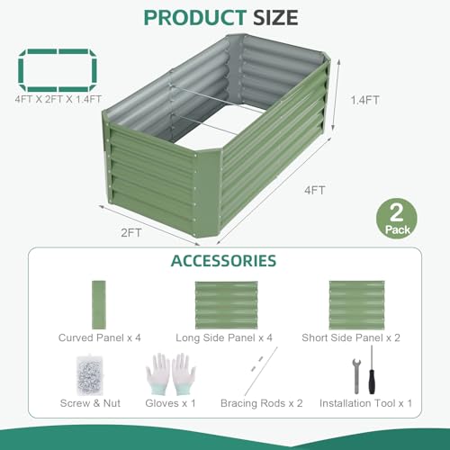 Galvanized Steel Raised Garden Bed, 4x2x1.4ft, 2Pack, Green - color: Olive Green, size: 4×2×1.4 ft (2 Packs)