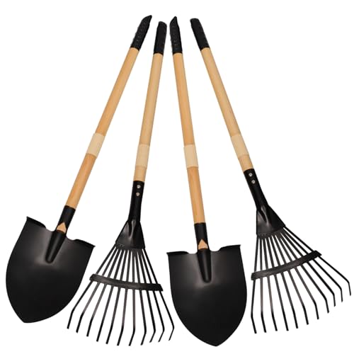 Kids Rake and Shovel Set, 4Pcs Garden Tools Metal Head with Wooden Handle, Great Gardening Gifts for Boys Girls Age 3 and Up - color: 2pcs black rakes& 2pcs shovels