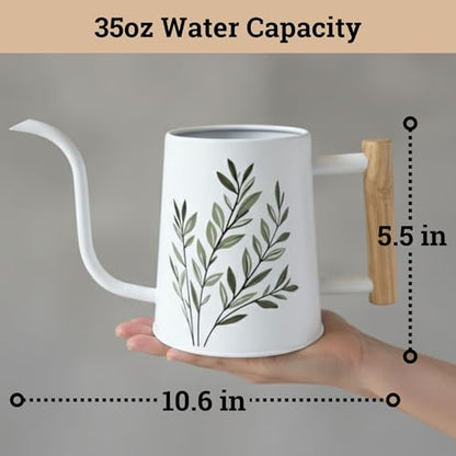 Metal Small Indoor Watering Can with Long Spout & Real Wood Handle, 35oz