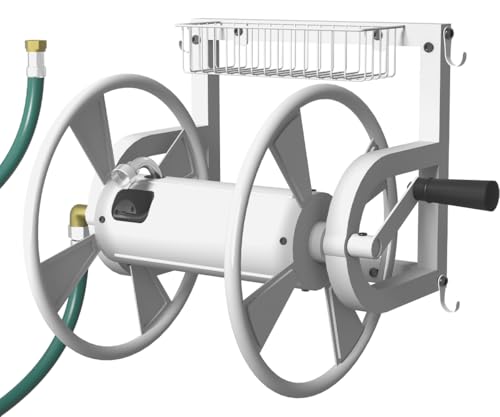 Artigarden Outdoor Wall Mounted Hose Reel with Hook, Garden Heavy-Duty Water Hose Holder Winder with 3.9 ft Leader Hose, Brass Fitting and Storage Basket for Yard, Holds 125 Ft of 5/8-Inch Hose, White - color: White